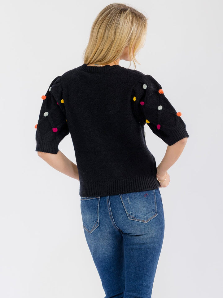 WOMEN'S SHORT SLEEVE POM POM DETAILED SWEATER BLOUSE