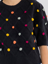 WOMEN'S SHORT SLEEVE POM POM DETAILED SWEATER BLOUSE