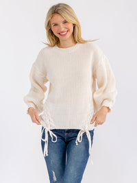 WOMEN'S LONG SLEEVE LACE UP DETAILED PULLOVER SWEATER