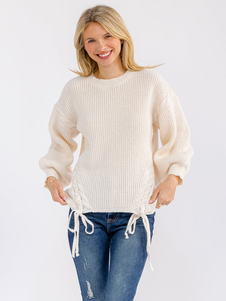 WOMEN'S LONG SLEEVE LACE UP DETAILED PULLOVER SWEATER