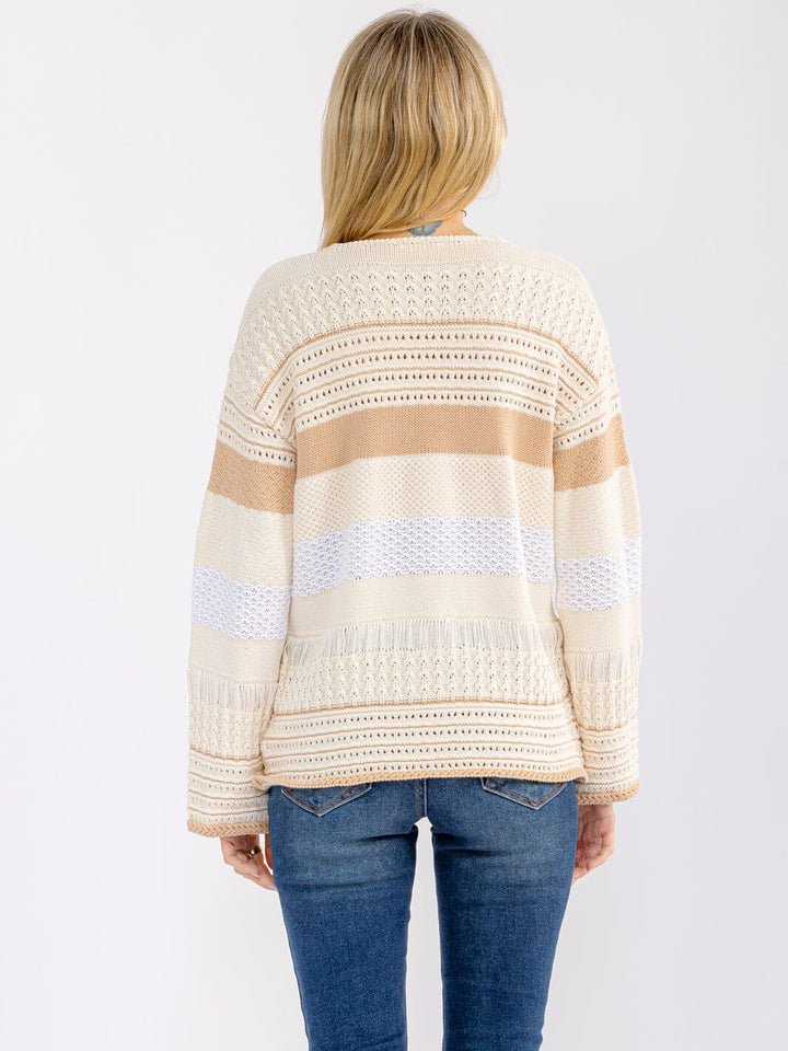 WOMEN'S LONG SLEEVE COLORBLOCK STRIPES PULLOVER SWEATER