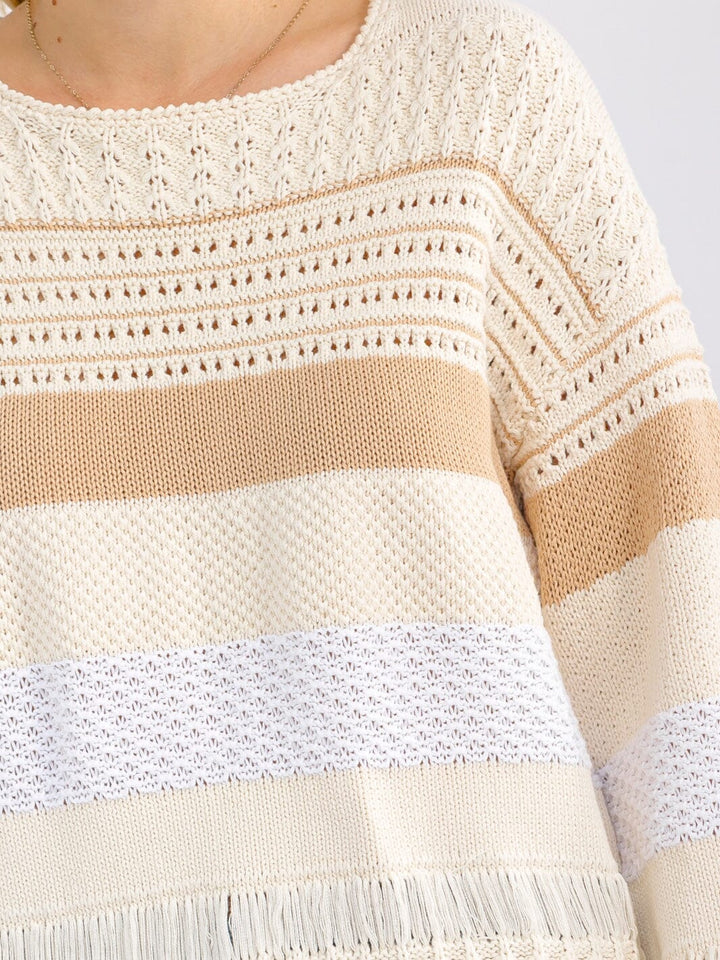 WOMEN'S LONG SLEEVE COLORBLOCK STRIPES PULLOVER SWEATER
