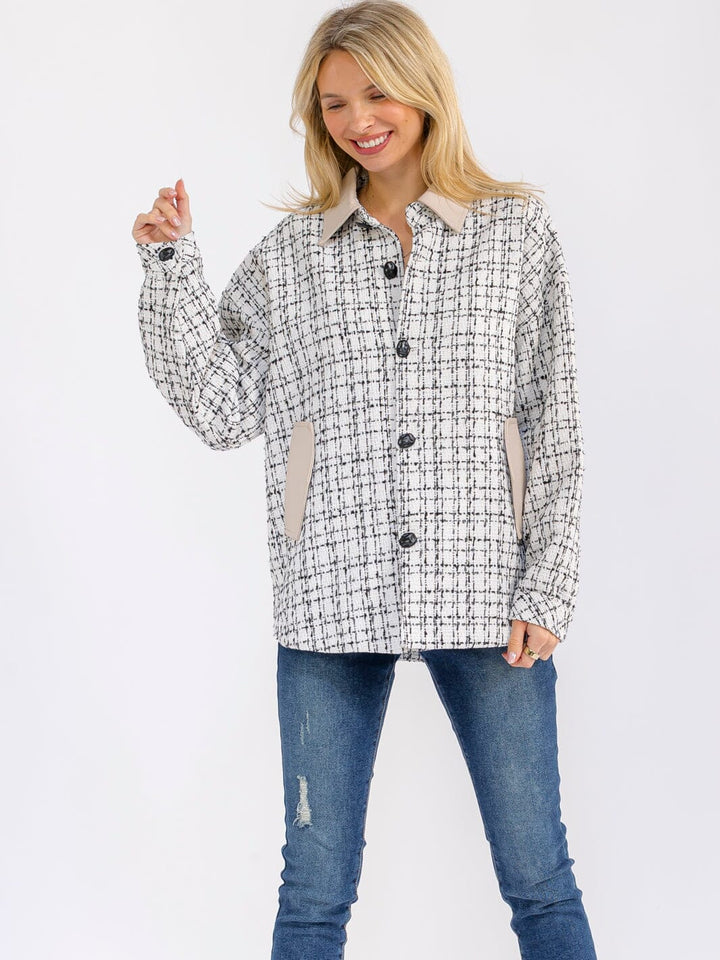 WOMEN'S LONG SLEEVE BUTTON CLOSURE FRONT POCKETS TWEED JACKET