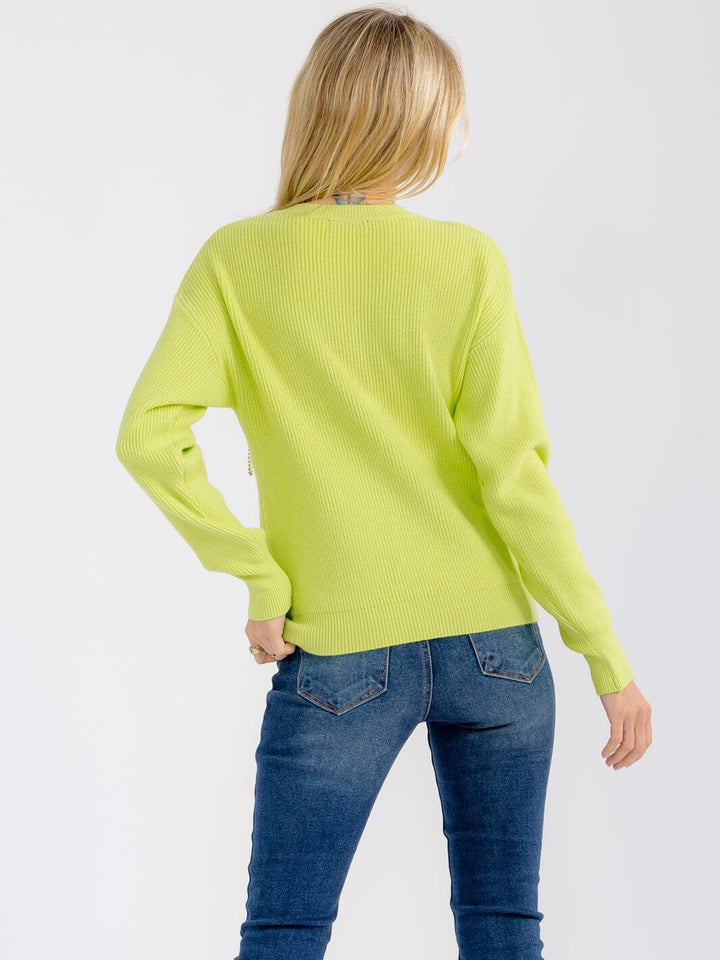 WOMEN'S LONG SLEEVE RIBBED STONE FLORAL BROOCH PULLOVER SWEATER