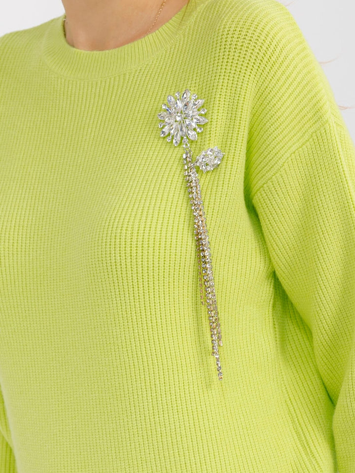 WOMEN'S LONG SLEEVE RIBBED STONE FLORAL BROOCH PULLOVER SWEATER