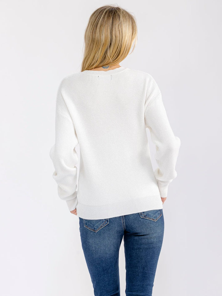 WOMEN'S LONG SLEEVE RIBBED STONE FLORAL BROOCH PULLOVER SWEATER
