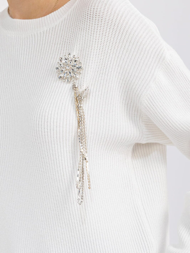 WOMEN'S LONG SLEEVE RIBBED STONE FLORAL BROOCH PULLOVER SWEATER
