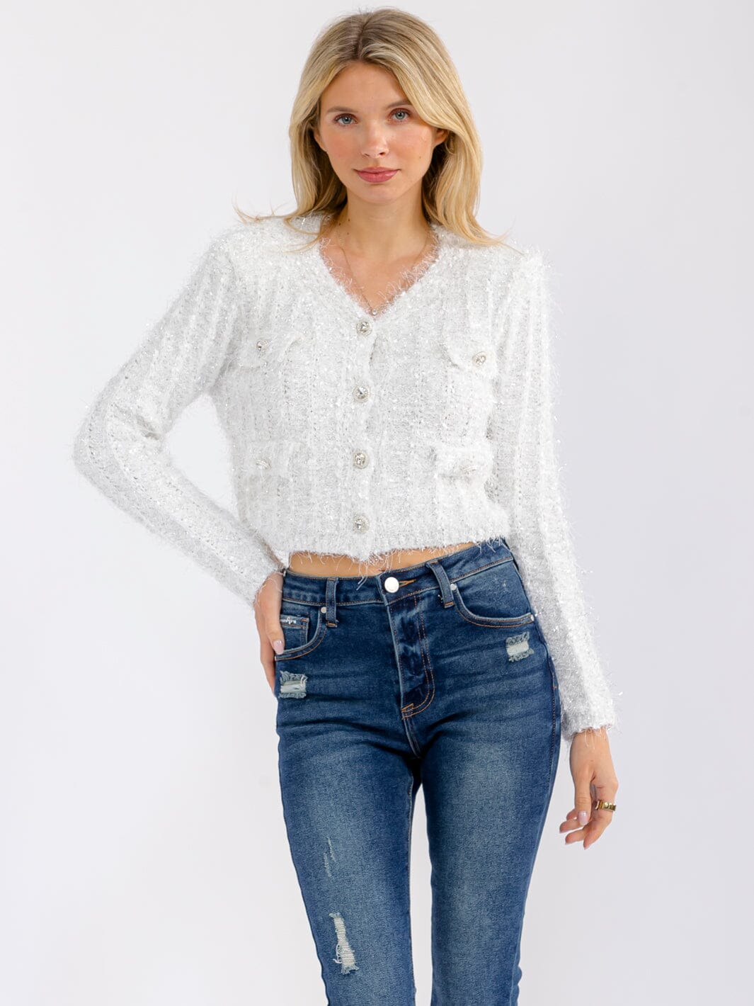 WOMEN'S LONG SLEEVE BUTTON CLOSURE SHIMMER DETAILED SWEATER