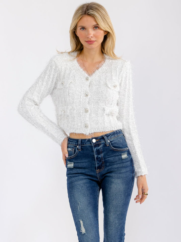 WOMEN'S LONG SLEEVE BUTTON CLOSURE SHIMMER DETAILED SWEATER