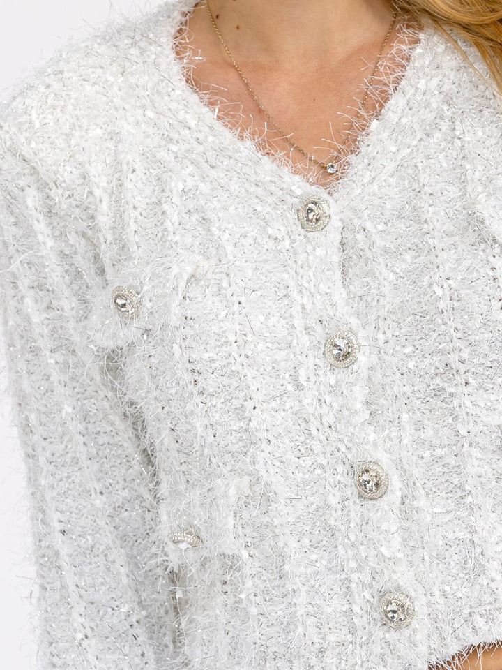 WOMEN'S LONG SLEEVE BUTTON CLOSURE SHIMMER DETAILED SWEATER