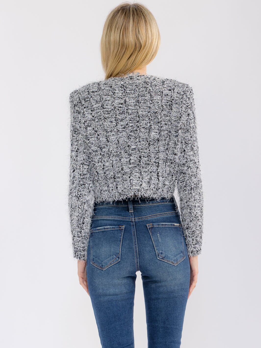 WOMEN'S LONG SLEEVE BUTTON CLOSURE SHIMMER DETAILED SWEATER