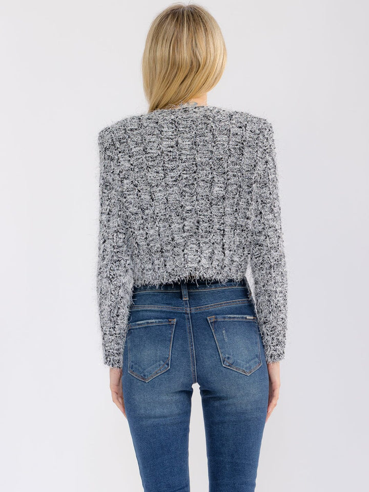 WOMEN'S LONG SLEEVE BUTTON CLOSURE SHIMMER DETAILED SWEATER