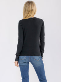 WOMEN'S LONG SLEEVE BUTTON CLOSURE RIBBED PEARL DETAILED SWEATER