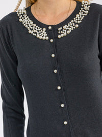 WOMEN'S LONG SLEEVE BUTTON CLOSURE RIBBED PEARL DETAILED SWEATER
