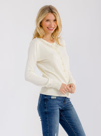 WOMEN'S LONG SLEEVE BUTTON CLOSURE RIBBED PEARL DETAILED SWEATER