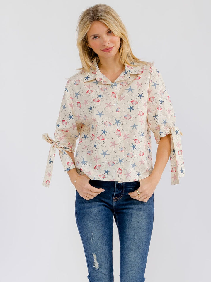 WOMEN'S SHORT SLEEVE BUTTON UP MULTI PRINT BLOUSE