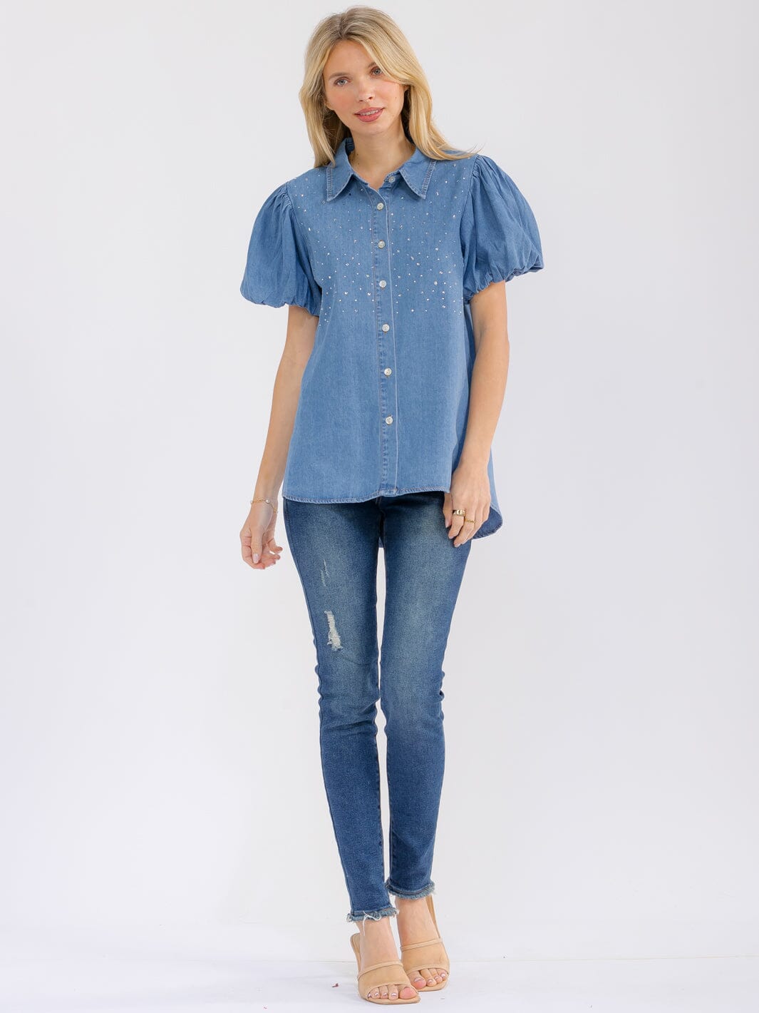 WOMEN'S SHORT PUFF SLEEVE BUTTON CLOSURE RHINESTONES DENIM BLOUSE