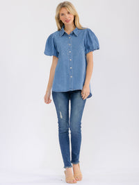 WOMEN'S SHORT PUFF SLEEVE BUTTON CLOSURE RHINESTONES DENIM BLOUSE