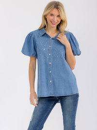 WOMEN'S SHORT PUFF SLEEVE BUTTON CLOSURE RHINESTONES DENIM BLOUSE