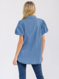 WOMEN'S SHORT PUFF SLEEVE BUTTON CLOSURE RHINESTONES DENIM BLOUSE