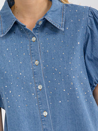 WOMEN'S SHORT PUFF SLEEVE BUTTON CLOSURE RHINESTONES DENIM BLOUSE