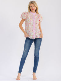 WOMEN'S SHORT PUFF SLEEVE BUTTON UP RUFFLE FLORAL PRINT BLOUSE