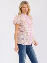 WOMEN'S SHORT PUFF SLEEVE BUTTON UP RUFFLE FLORAL PRINT BLOUSE