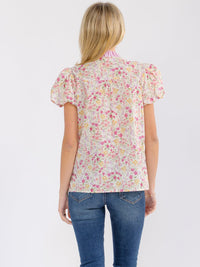 WOMEN'S SHORT PUFF SLEEVE BUTTON UP RUFFLE FLORAL PRINT BLOUSE