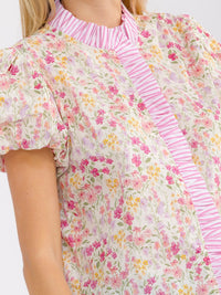 WOMEN'S SHORT PUFF SLEEVE BUTTON UP RUFFLE FLORAL PRINT BLOUSE