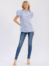 WOMEN'S SHORT PUFF SLEEVE BUTTON UP RUFFLE FLORAL PRINT BLOUSE