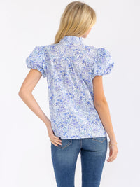 WOMEN'S SHORT PUFF SLEEVE BUTTON UP RUFFLE FLORAL PRINT BLOUSE