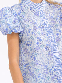 WOMEN'S SHORT PUFF SLEEVE BUTTON UP RUFFLE FLORAL PRINT BLOUSE