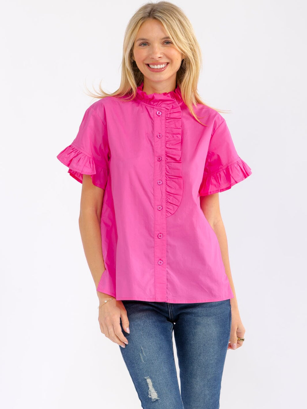 WOMEN'S SHORT SLEEVE V-NECK RUFFLE BLOUSE