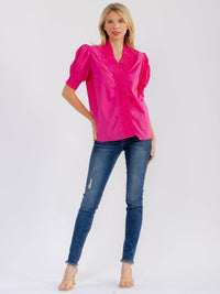 WOMEN'S SHORT PUFF SLEEVE V-NECK RUFFLE BLOUSE