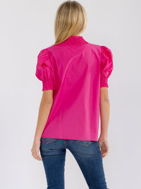 WOMEN'S SHORT PUFF SLEEVE V-NECK RUFFLE BLOUSE