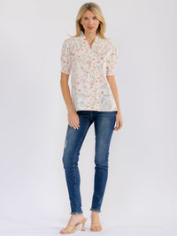 WOMEN'S SHORT PUFF SLEEVE V-NECK FLORAL PRINT BLOUSE