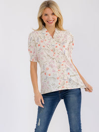 WOMEN'S SHORT PUFF SLEEVE V-NECK FLORAL PRINT BLOUSE