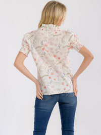 WOMEN'S SHORT PUFF SLEEVE V-NECK FLORAL PRINT BLOUSE