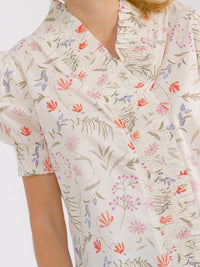 WOMEN'S SHORT PUFF SLEEVE V-NECK FLORAL PRINT BLOUSE