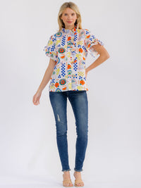 WOMEN'S SHORT SLEEVE BUTTON UP RUFFLE MULTI PRINT BLOUSE