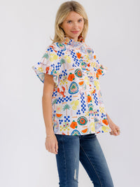 WOMEN'S SHORT SLEEVE BUTTON UP RUFFLE MULTI PRINT BLOUSE