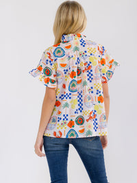WOMEN'S SHORT SLEEVE BUTTON UP RUFFLE MULTI PRINT BLOUSE