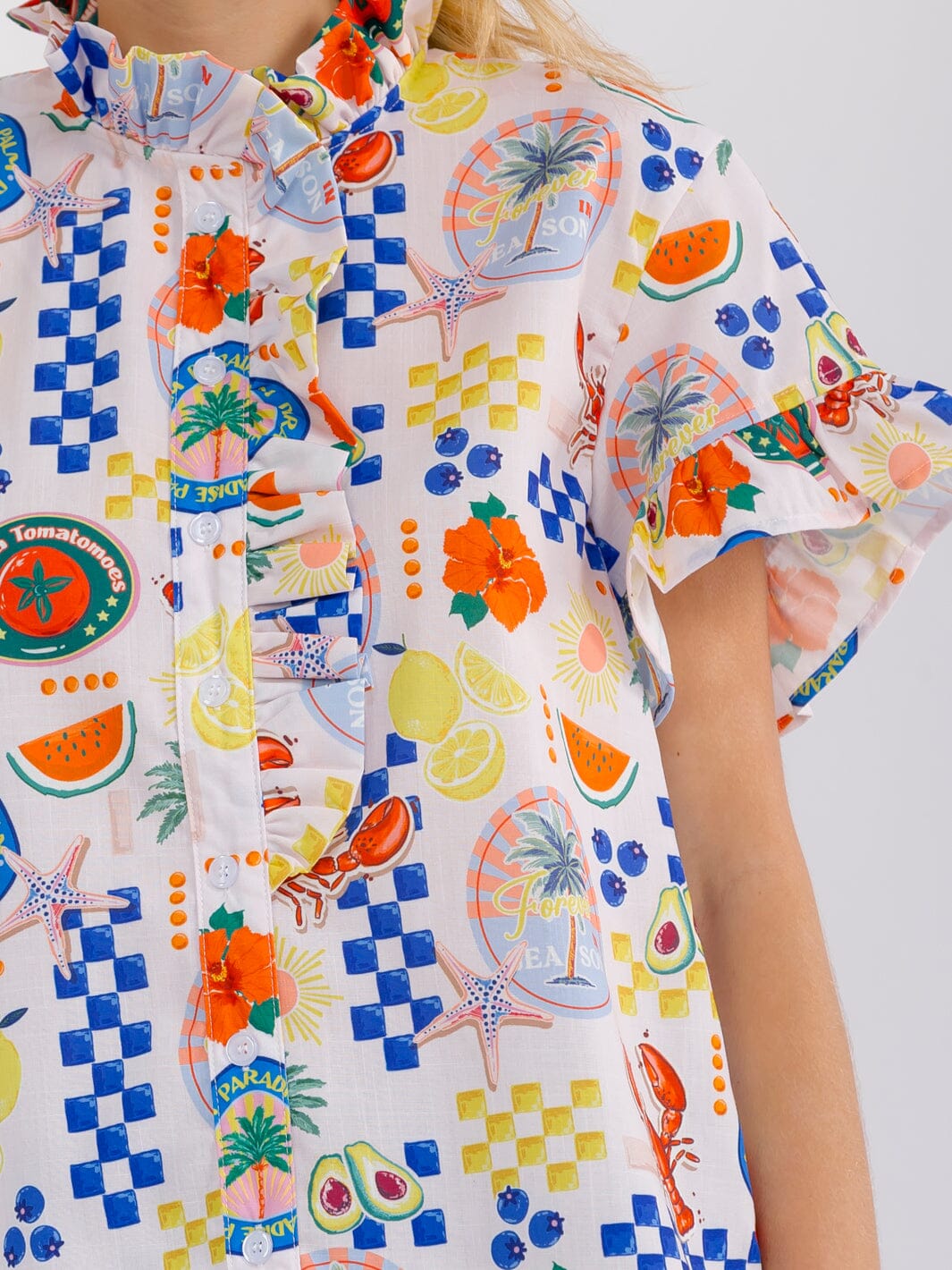 WOMEN'S SHORT SLEEVE BUTTON UP RUFFLE MULTI PRINT BLOUSE