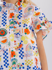 WOMEN'S SHORT SLEEVE BUTTON UP RUFFLE MULTI PRINT BLOUSE