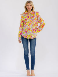 WOMEN'S LONG SLEEVE BUTTON UP RUFFLE FLORAL PRINT BLOUSE