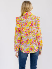WOMEN'S LONG SLEEVE BUTTON UP RUFFLE FLORAL PRINT BLOUSE