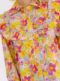 WOMEN'S LONG SLEEVE BUTTON UP RUFFLE FLORAL PRINT BLOUSE