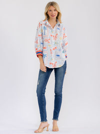 WOMEN'S 3/4 SLEEVE BUTTON UP MULTI PRINT BLOUSE