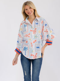 WOMEN'S 3/4 SLEEVE BUTTON UP MULTI PRINT BLOUSE