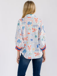 WOMEN'S 3/4 SLEEVE BUTTON UP MULTI PRINT BLOUSE